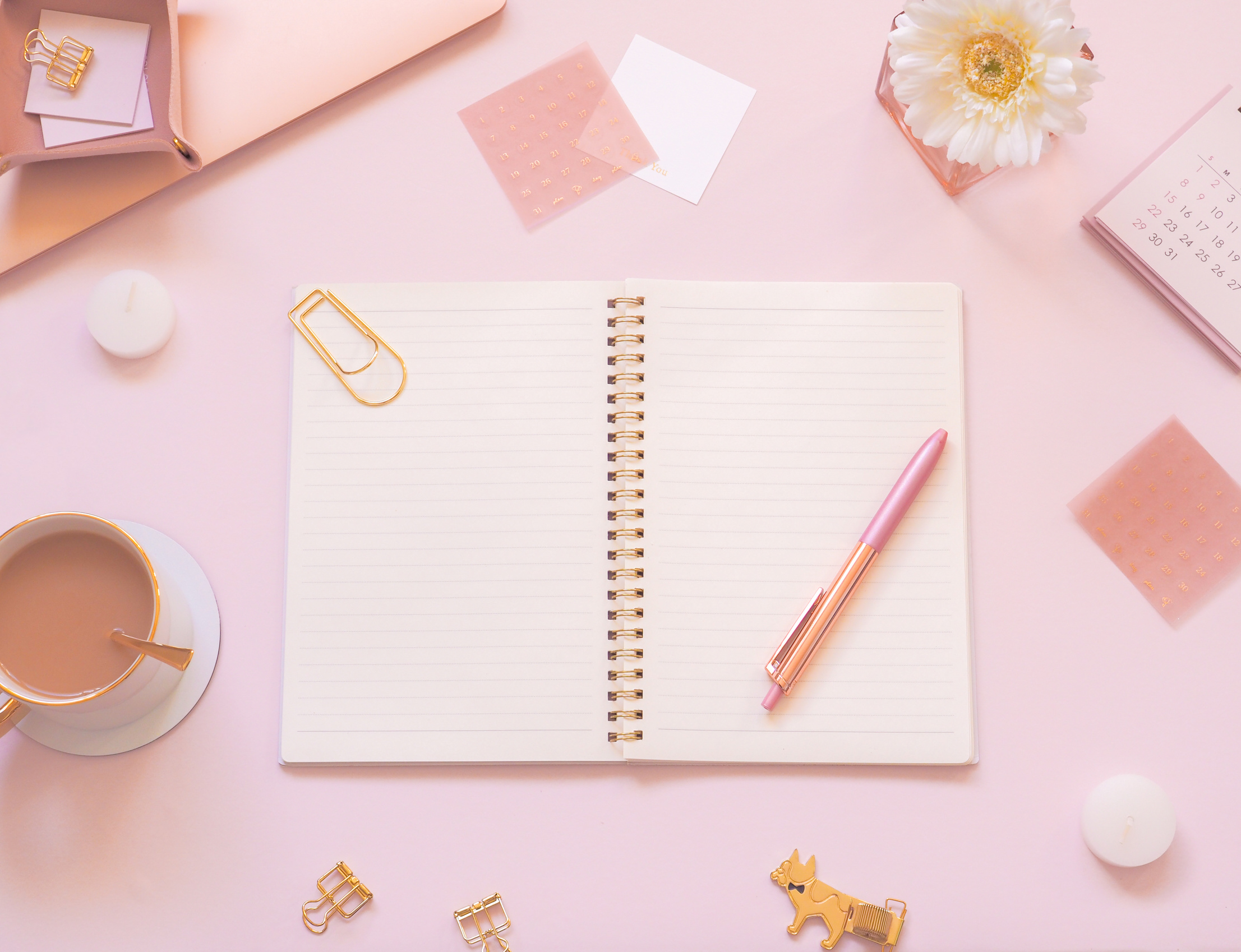 Pink cute PC desk, women's workspace